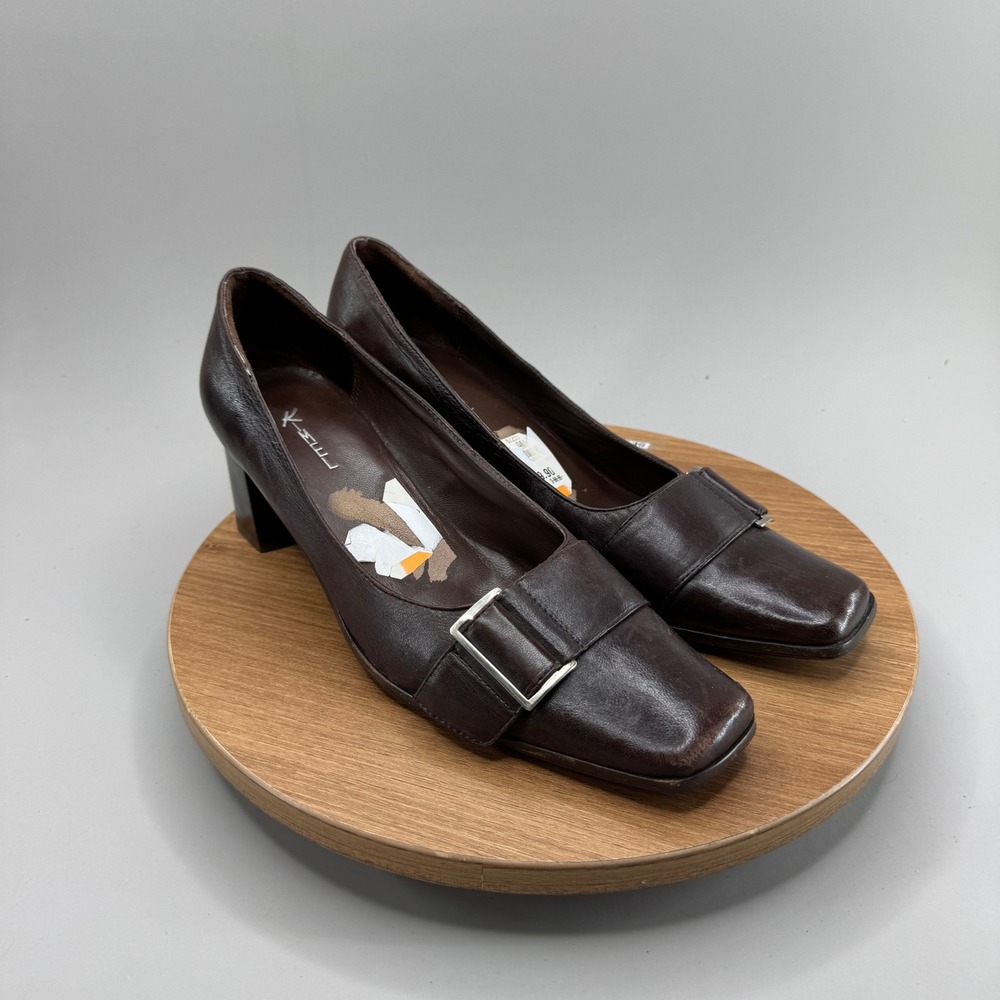 Kimel Square Toe Buckle Pumps 9M Brown Leather Block Heel Dark Academia‎ Office